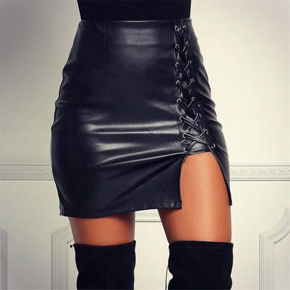 Sexy Girls Above Knee Black PU Leather Mini Skirts Spring Women High Waist Bodycon Front Split Elegant Short Skirt