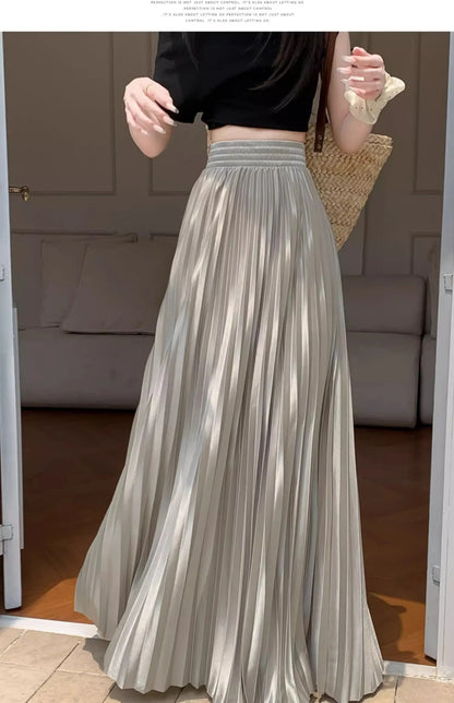98cm Basics Maxi Pleated Skirt for Women New Korean Casual All-match Solid A Line High Waist Long Maxi Skirt Female