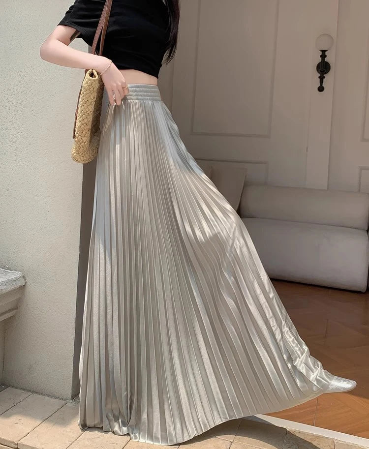 98cm Basics Maxi Pleated Skirt for Women New Korean Casual All-match Solid A Line High Waist Long Maxi Skirt Female