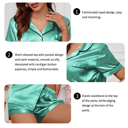 Women's Lapel Neck Sleepshirt Sleepwear Summer Satin Pajamas Set Casual Short Sleeve Buttons Top And Elastic Shorts Lounge Set