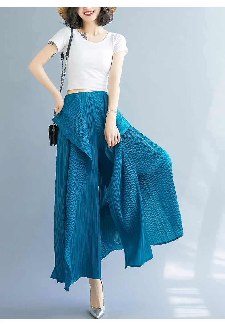 Miyake 2025 New Pleated Pants Irregular Wide-legged Pants Simple Loose Large Size with Elastic Formal Occasions Commuter Women's
