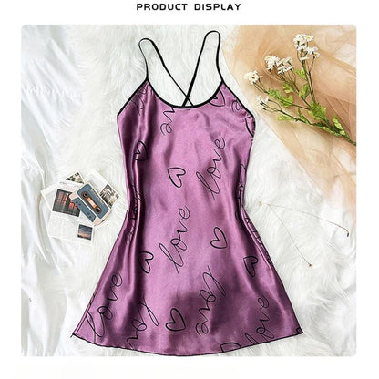 Heart Print Cross Tie Straps Satin Fabric Pajamas Sets Nightdress Casual Round Neck Strap Sleep Dress Women's Sleepwear Dresses