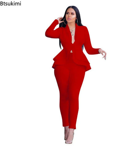 2025 Women's Formal Set 2PCS Tracksuit Full Sleeve Ruffles Blazers Pencil Pants Suit Two Piece Set Office Lady Outfits Uniform