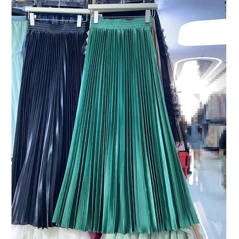 98cm Basics Maxi Pleated Skirt for Women New Korean Casual All-match Solid A Line High Waist Long Maxi Skirt Female