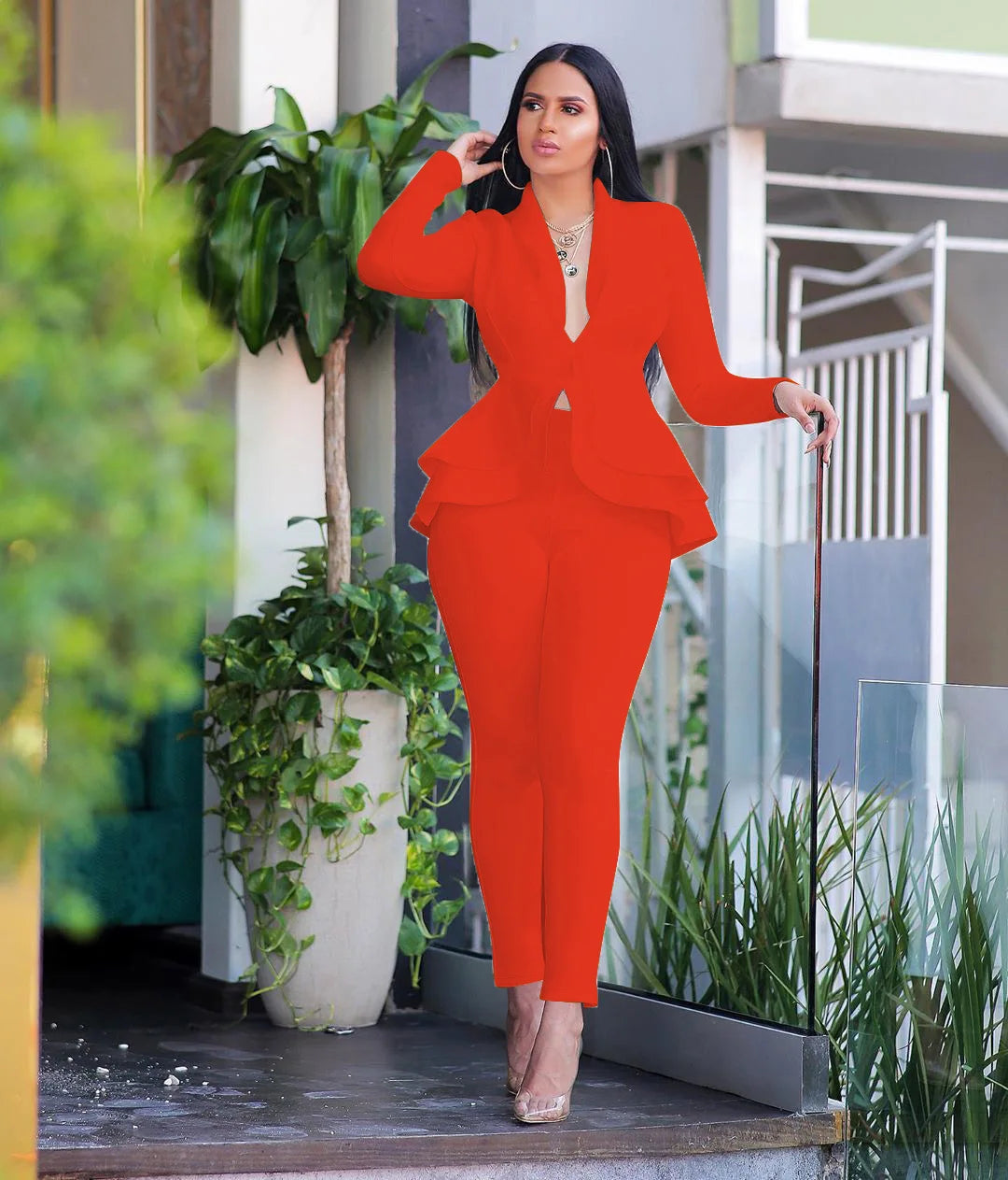 2025 Women's Formal Set 2PCS Tracksuit Full Sleeve Ruffles Blazers Pencil Pants Suit Two Piece Set Office Lady Outfits Uniform