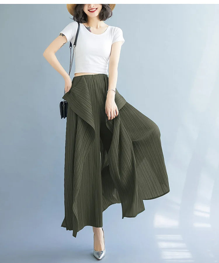 Miyake 2025 New Pleated Pants Irregular Wide-legged Pants Simple Loose Large Size with Elastic Formal Occasions Commuter Women's