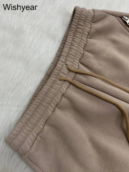 Fashion Brown Cargo Wide Leg Pants Women Vintage Multi Zip Design Drawstring Loose Sporty Sweatpants Trousers Boyfriend Female