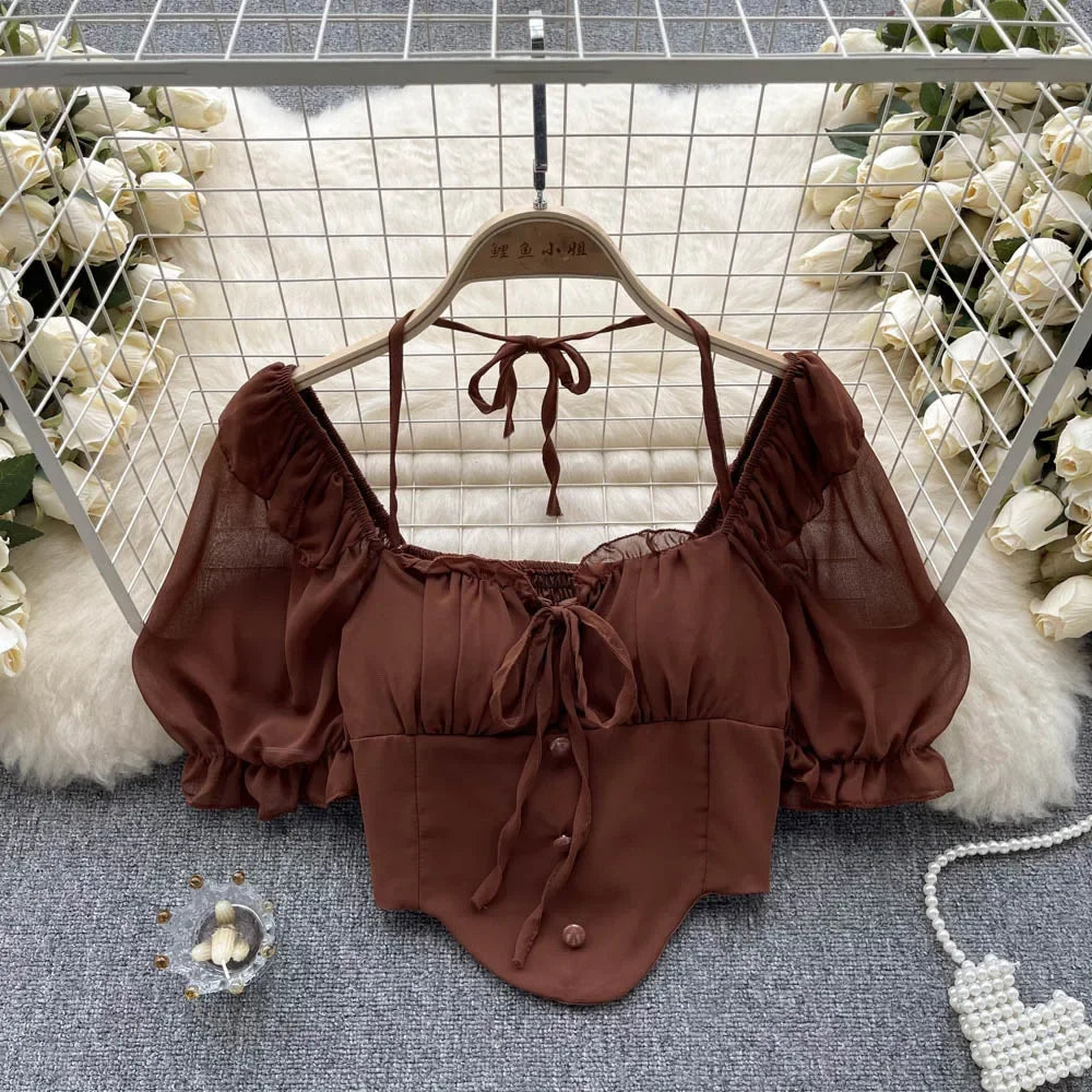 French Chic Halter Blouses Femininas Bow Flare Sleeve Short Tops Dames HighStreet Blusa Mujer Casual Shirts Clothes Dropshipping