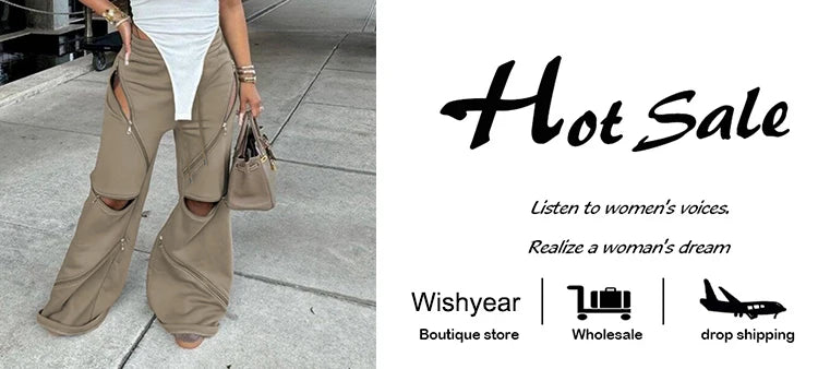 Fashion Brown Cargo Wide Leg Pants Women Vintage Multi Zip Design Drawstring Loose Sporty Sweatpants Trousers Boyfriend Female