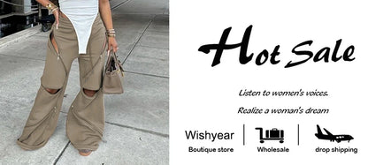 Fashion Brown Cargo Wide Leg Pants Women Vintage Multi Zip Design Drawstring Loose Sporty Sweatpants Trousers Boyfriend Female