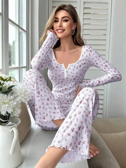 New Women Soft Comfortable sexy Floral Print Pajama Set Long Sleeve Top and Pants Loungewear Sleepwear Two Piece Set Homewear