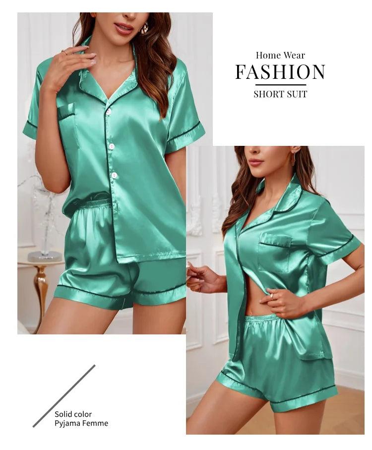 Women's Lapel Neck Sleepshirt Sleepwear Summer Satin Pajamas Set Casual Short Sleeve Buttons Top And Elastic Shorts Lounge Set