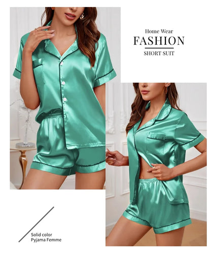 Women's Lapel Neck Sleepshirt Sleepwear Summer Satin Pajamas Set Casual Short Sleeve Buttons Top And Elastic Shorts Lounge Set
