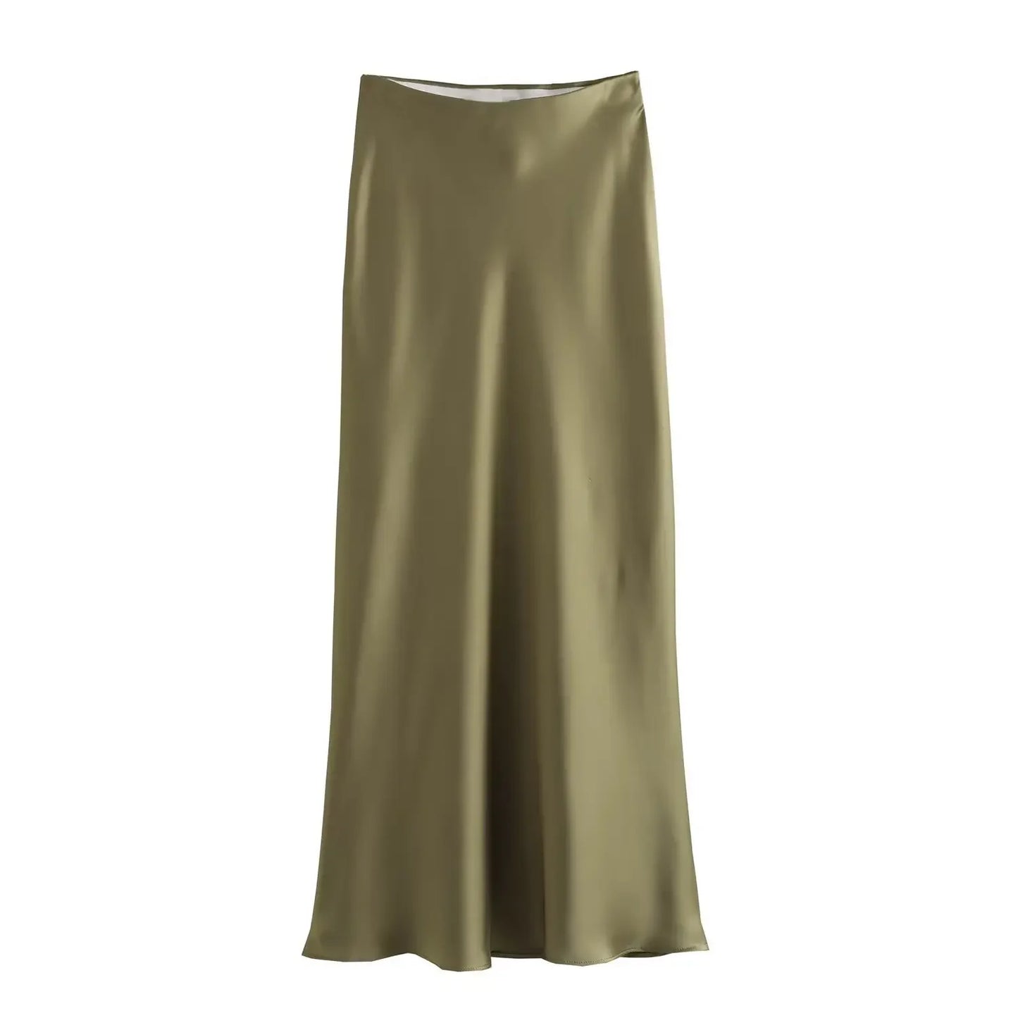 2024 Spring Summer New Women's High-Waisted Skirt European Style Silk-Satin Feeling Long Dress Solid Color Simple Design