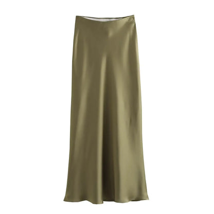 2024 Spring Summer New Women's High-Waisted Skirt European Style Silk-Satin Feeling Long Dress Solid Color Simple Design