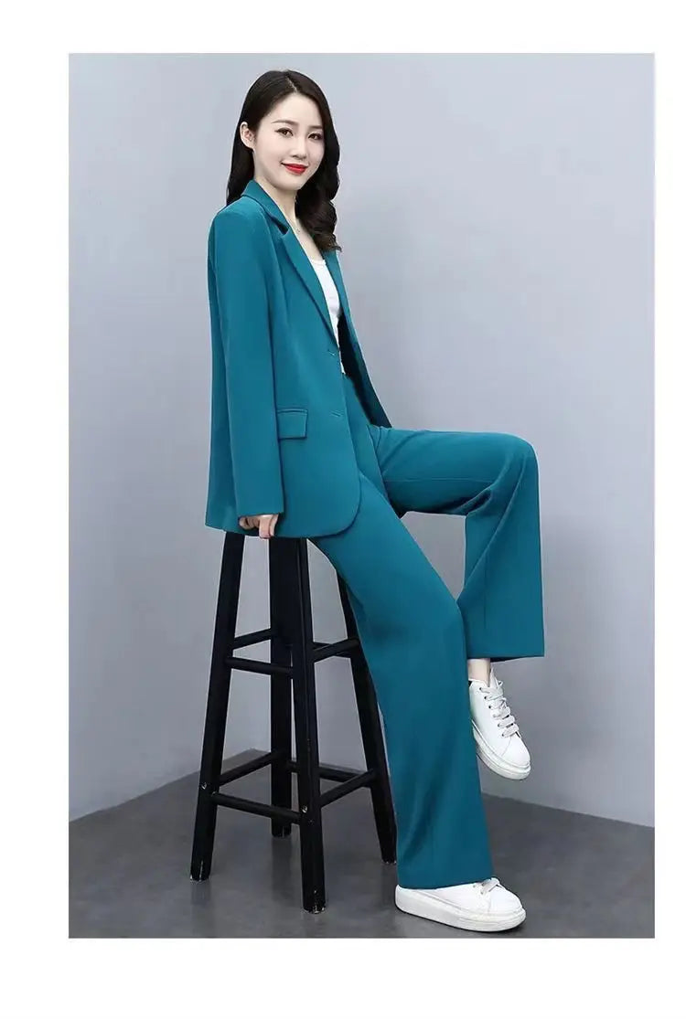 Spring Autumn Thin Women's Blazers Long Pants 2 Piece Set Korean Office Lady Casual Loose Suit Jacket Trousers Outfits Pantsuits