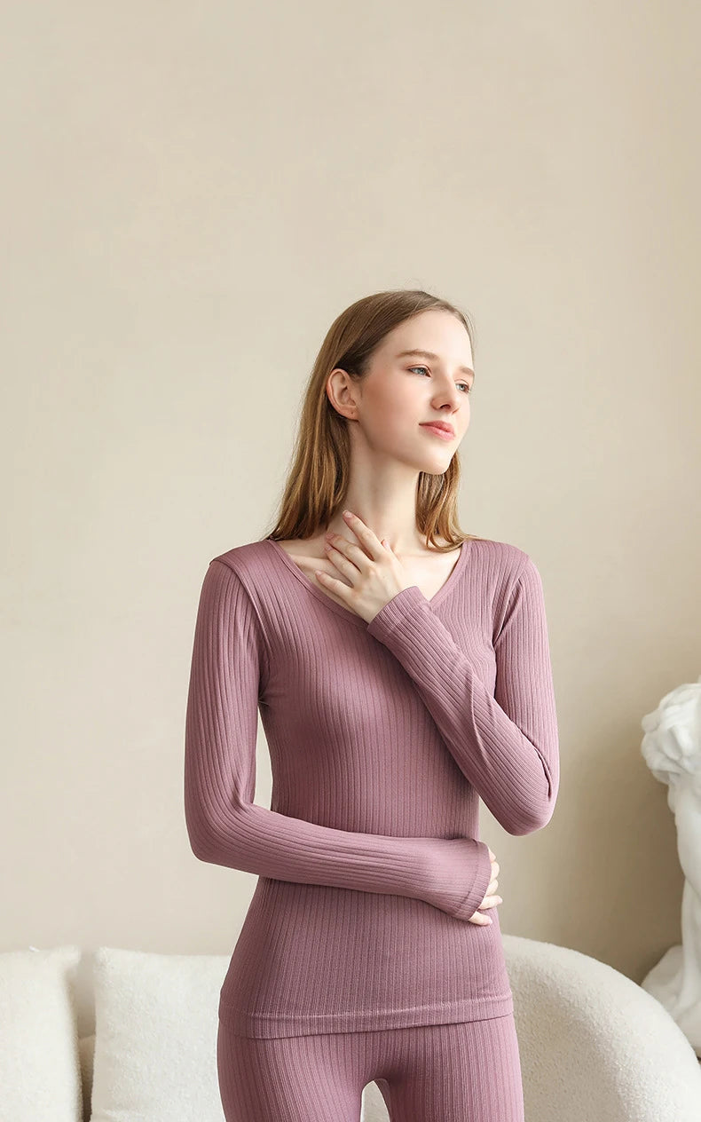 FINETOO 2 Pieces Women Thermal Underwear Sexy Long Sleeve Winter Clothes Seamless Thermal Intimate Set Ladies Thick Sleepwear