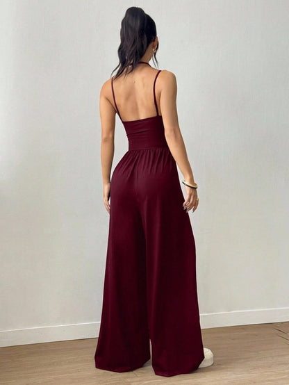 Women's Casual Solid Color Pleating Loose Straight Jumpsuit A-line Backless Halter Neck Slim Cami Jumpsuit Streetwear 2025