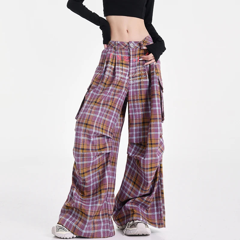 Summer Women Harajuku Fashion Plaid Pants Vintage Y2k Japanese Streetwear 2000s Baggy Pantalones Loose Casual Long Trousers Kpop
