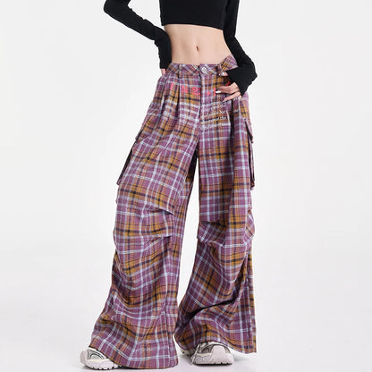Summer Women Harajuku Fashion Plaid Pants Vintage Y2k Japanese Streetwear 2000s Baggy Pantalones Loose Casual Long Trousers Kpop