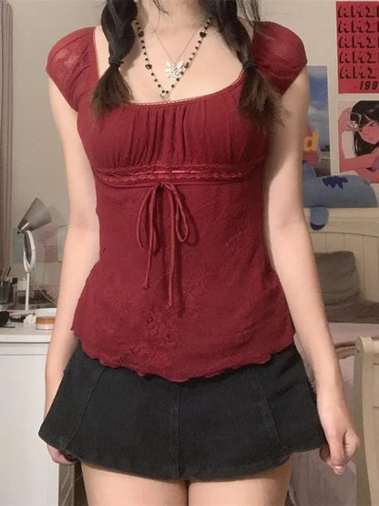 Women Summer Y2K Aesthetic Tops Lace Trim Cap Sleeve Low Cut Shirts Vintage Casual Sexy Tops and Blouses Female