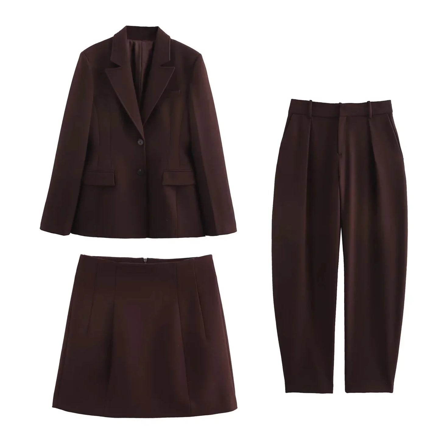 KONDALA 2025 Fall Winter Brown Elegant Office Lady Suits Fashion Shrug Pockets Blazers Elegant Zipper Skirts Chic Baggy Pants