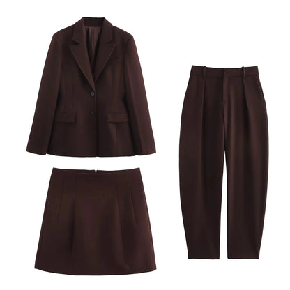 KONDALA 2025 Fall Winter Brown Elegant Office Lady Suits Fashion Shrug Pockets Blazers Elegant Zipper Skirts Chic Baggy Pants