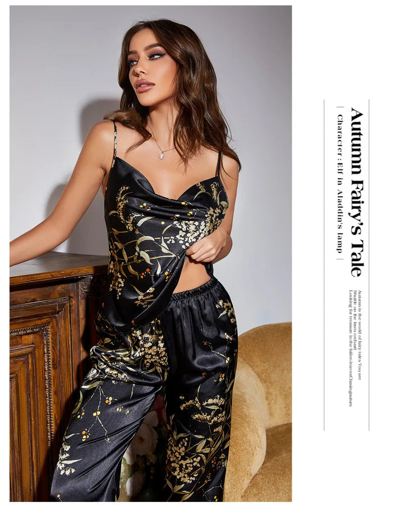 Women Pajamas Sexy Print Cherry Suspender Pijamas Suit Sleepwear Spring Summer Silk Rayon Home Clothes Sling Pants Two Piece Set