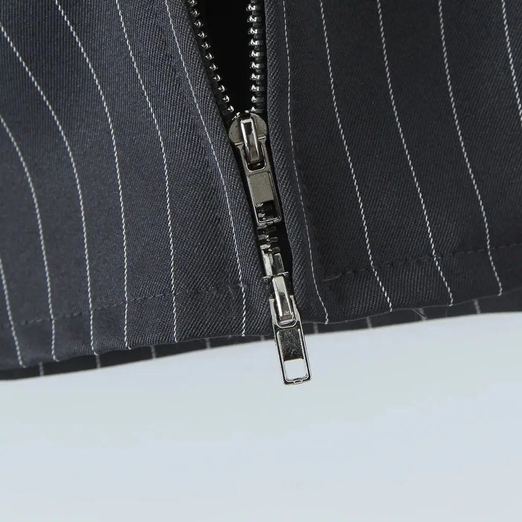 2025 Sexy Striped Square Collar Short Puff Sleeve Shirt Women Front Ruched Chest Double Zip up Front Slim Waist Crop Tops