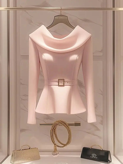 Luxury Socialite Style Pink Long Sleeve Shirt for Women Clothing Autumn Korean Chic Gentle Waist Slimming Pullovers Women Tops