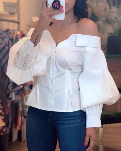 Elegant White Shirts for Women Lantern Sleeve Off Shoulder Top Lady Blosues Long Sleeve Ruched Design Feamel Clothes Spring 2025