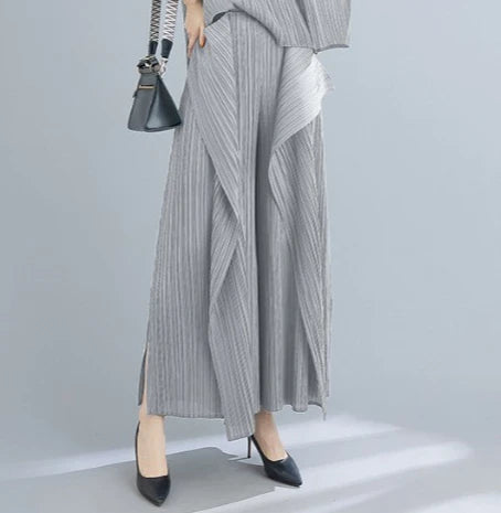 Miyake 2025 New Pleated Pants Irregular Wide-legged Pants Simple Loose Large Size with Elastic Formal Occasions Commuter Women's