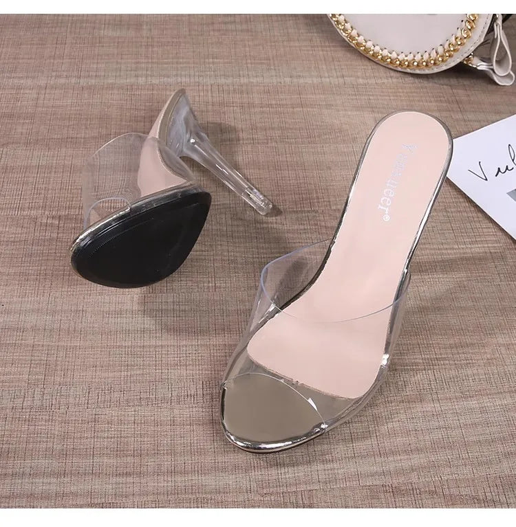 11CM Modern Slippers For Women 2024 Summer New Transparent Sandals Sexy Thin High Heels CRYSTAL Woman Shoes Outside Size 43 Gold