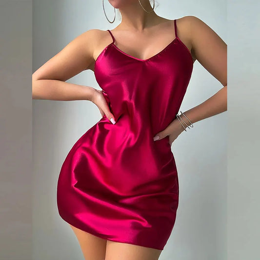 1 Piece Sexy V-Neck Women Satin Camisole Night Dress Female Pajamas Silky Lingerie Sleeveless Backless Nightgown Thin For Summer
