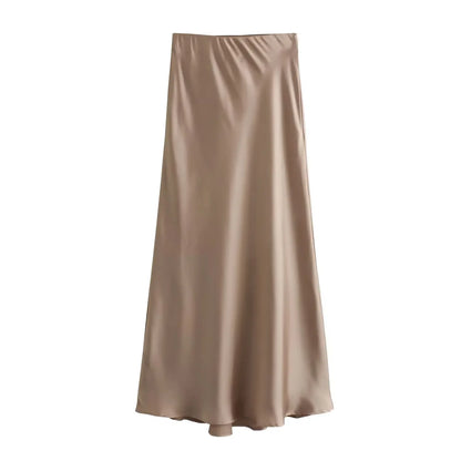 2024 Spring Summer New Women's High-Waisted Skirt European Style Silk-Satin Feeling Long Dress Solid Color Simple Design