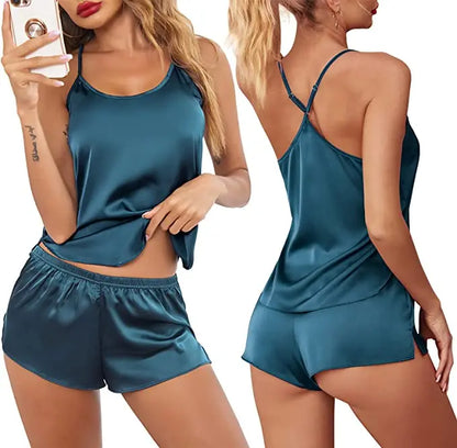 Summer New Ice Silk Spaghetti Strap Sexy Women Pajamas Pure Color Thin Section Fashion Sleepwear
