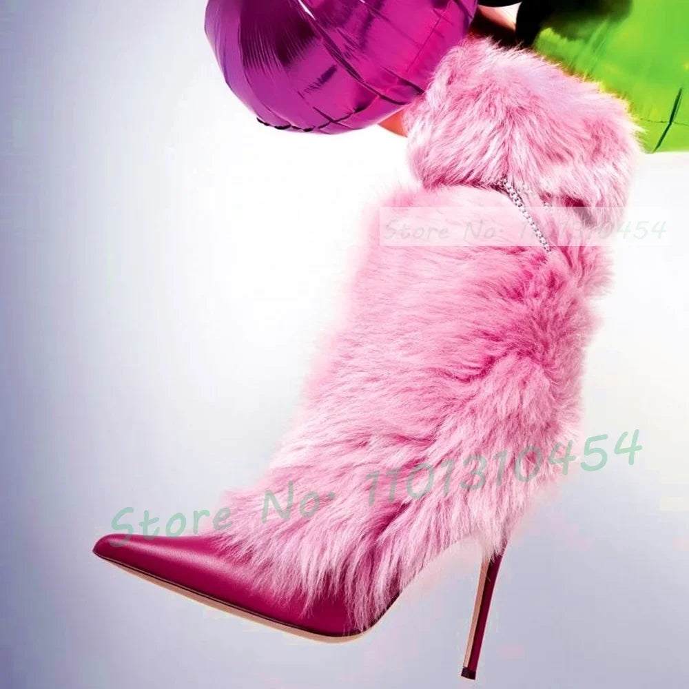 Pink Fur Pointy Knee High Boots Women Trends Luxury Fluff Metal Chain Winding High Heels Boots Winter Female Fashion Snow Boots
