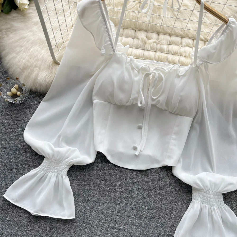 French Chic Halter Blouses Femininas Bow Flare Sleeve Short Tops Dames HighStreet Blusa Mujer Casual Shirts Clothes Dropshipping