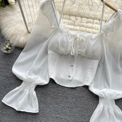 French Chic Halter Blouses Femininas Bow Flare Sleeve Short Tops Dames HighStreet Blusa Mujer Casual Shirts Clothes Dropshipping