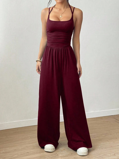 Women's Casual Solid Color Pleating Loose Straight Jumpsuit A-line Backless Halter Neck Slim Cami Jumpsuit Streetwear 2025