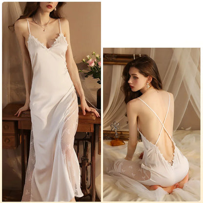 White Fashion Sexy Lounge Lace Nightgown Woman Negligee Women Dress Long Side Mesh Patchwork Extreme Sexy Nightgown Black FG485