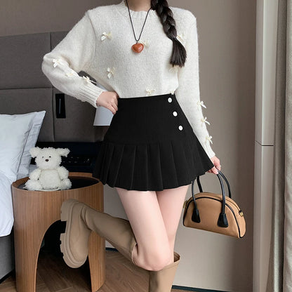 Autumn Winter Vintage Women Pleated Skirt With Button 2024 High Waisted Y2k Casual Cute School Short Skirts Female