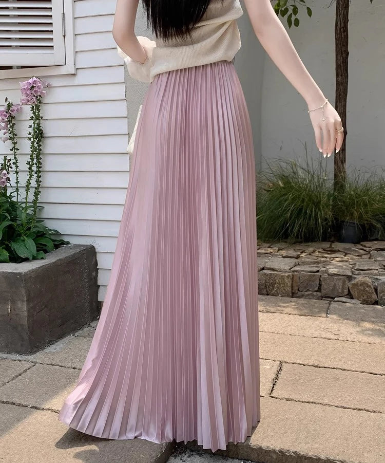 98cm Basics Maxi Pleated Skirt for Women New Korean Casual All-match Solid A Line High Waist Long Maxi Skirt Female