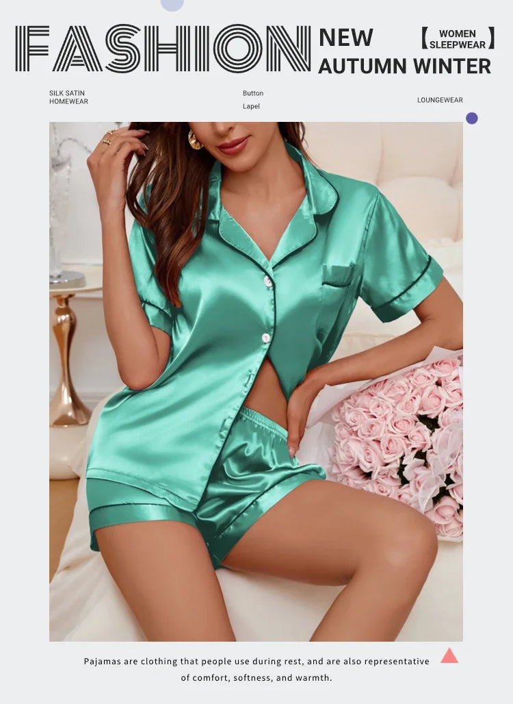 Women's Lapel Neck Sleepshirt Sleepwear Summer Satin Pajamas Set Casual Short Sleeve Buttons Top And Elastic Shorts Lounge Set