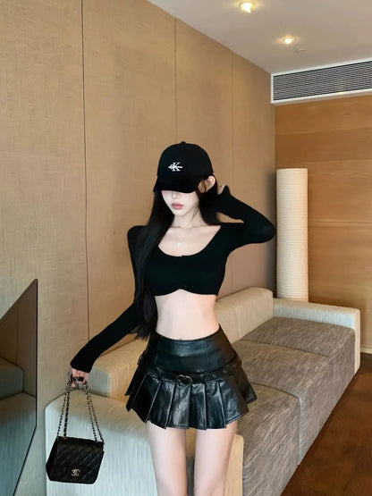 Vintage High-Waisted PU Leather Mini Dress Slimming American Style Sexy Pleated Skirt Autumn/Winter New Arrival