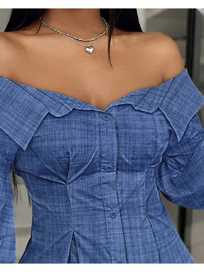 Elegant White Shirts for Women Lantern Sleeve Off Shoulder Top Lady Blosues Long Sleeve Ruched Design Feamel Clothes Spring 2025