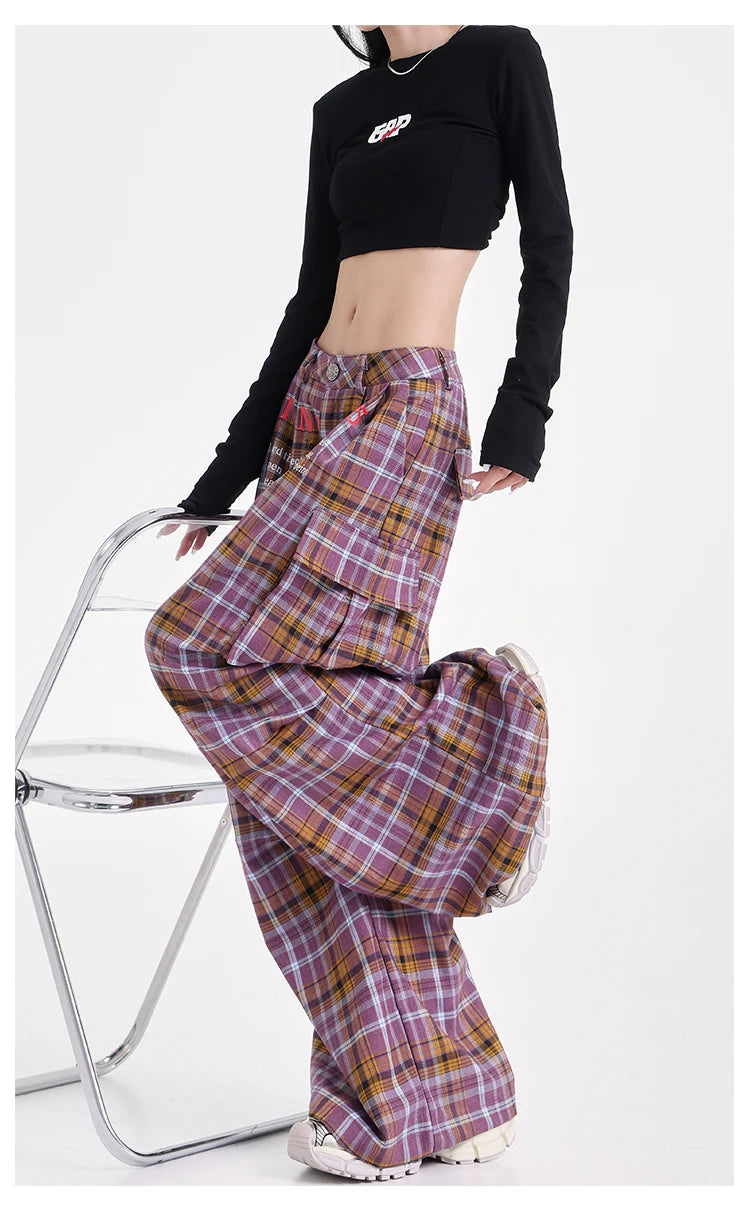 Summer Women Harajuku Fashion Plaid Pants Vintage Y2k Japanese Streetwear 2000s Baggy Pantalones Loose Casual Long Trousers Kpop