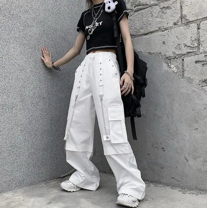Women Trendy Vintage Casual Streetwear Pocket Cargo Pants Y2K Female High Waist White Hip Hop Loose Trousers Straight Pantalones