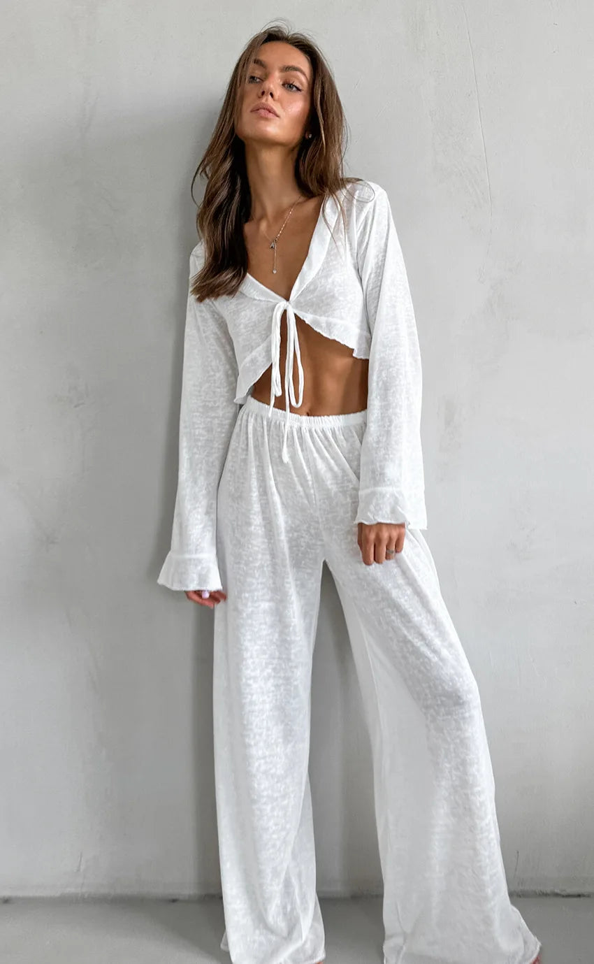 Mozuleva Women's Summer Loose Casual Long Sleeved Pants Set Soft Comfortable Fashion Home Clothes Solid Color Basic Pajamas Set