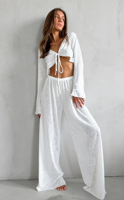 Mozuleva Women's Summer Loose Casual Long Sleeved Pants Set Soft Comfortable Fashion Home Clothes Solid Color Basic Pajamas Set